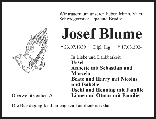 Traueranzeige von Josef Blume von Der Bote