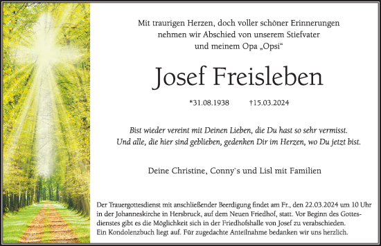 Traueranzeige von Josef Freisleben von Hersbrucker Zeitung Lokal