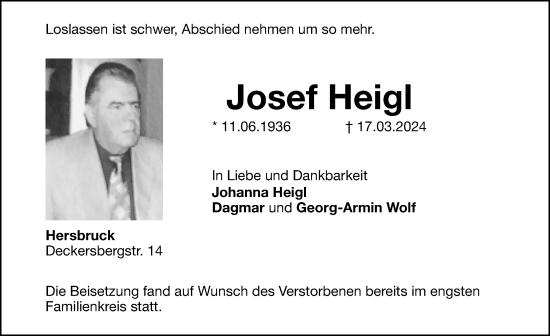 Traueranzeige von Josef Heigl von Hersbrucker Zeitung Lokal
