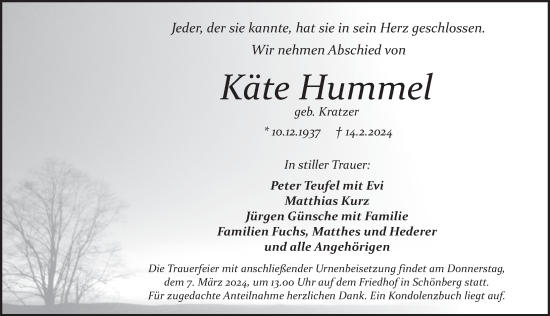 Traueranzeige von Käte Hummel von Pegnitz-Zeitung