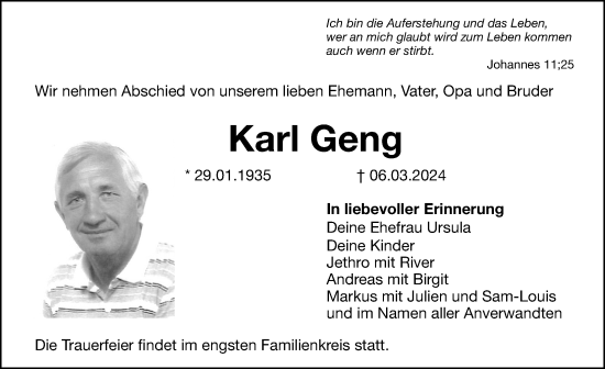 Traueranzeige von Karl Geng von Hersbrucker Zeitung Lokal