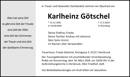 Traueranzeige von Karlheinz Götschel von Hersbrucker Zeitung Lokal