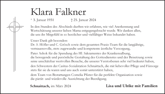 Traueranzeige von Klara Falkner von Pegnitz-Zeitung
