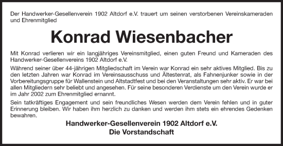 Traueranzeige von Konrad Wiesenbacher von Der Bote