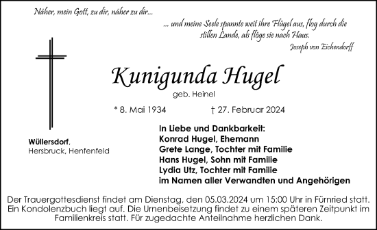 Traueranzeige von Kunigunda Hugel von Hersbrucker Zeitung Lokal