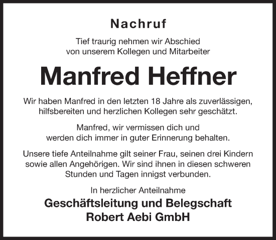 Traueranzeige von Manfred Heffner von Der Bote