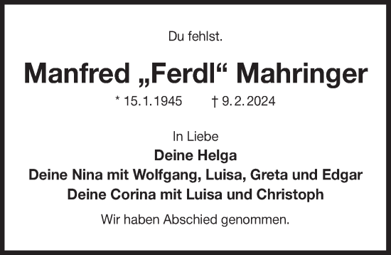 Traueranzeige von Manfred Mahringer von Der Bote
