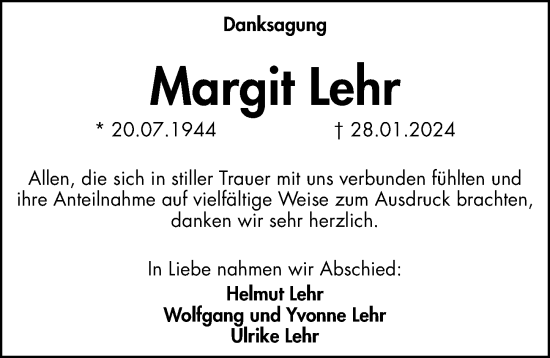 Traueranzeige von Margit Lehr von Hersbrucker Zeitung Lokal