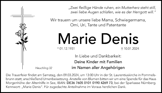 Traueranzeige von Marie Denis von Hersbrucker Zeitung Lokal