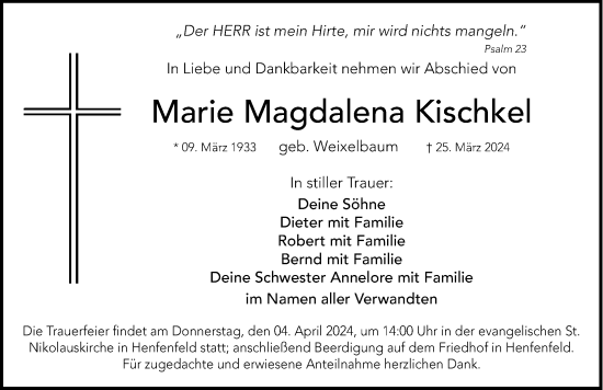 Traueranzeige von Marie Magdalena Kischkel von Hersbrucker Zeitung Lokal