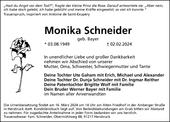 Traueranzeige von Monika Schneider von Hersbrucker Zeitung Lokal