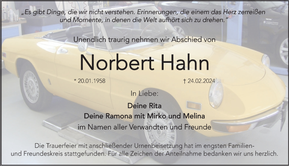  Traueranzeige für Norbert Hahn vom 23.03.2024 aus Hersbrucker Zeitung Lokal