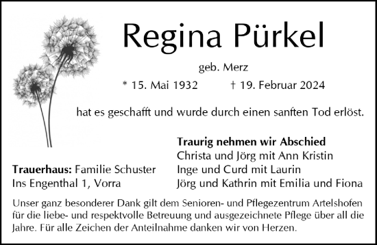 Traueranzeige von Regina Pürkel von Hersbrucker Zeitung Lokal