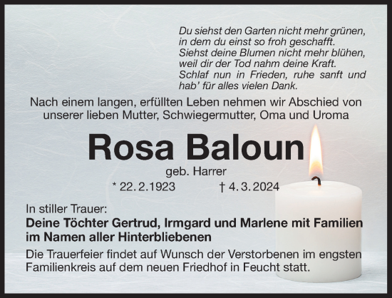 Traueranzeige von Rosa Baloun von Der Bote