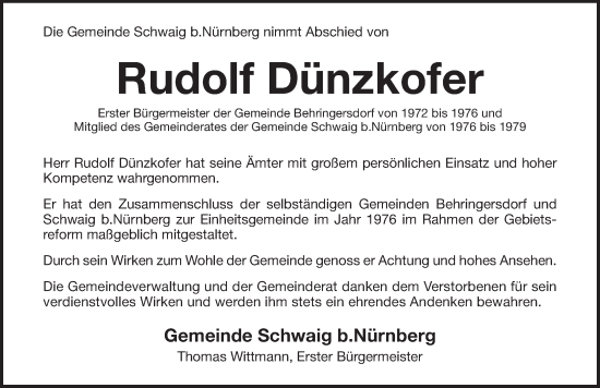 Traueranzeige von Rudolf Dünzkofer von Pegnitz-Zeitung