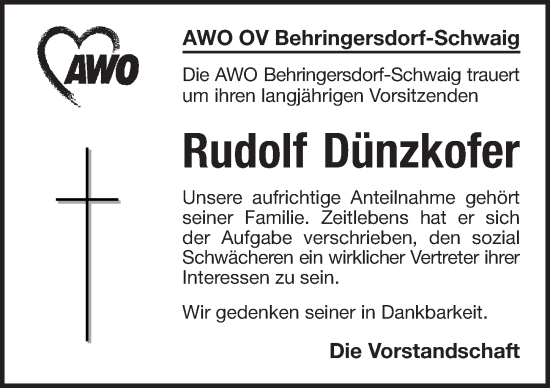 Traueranzeige von Rudolf Dünzkofer von Pegnitz-Zeitung