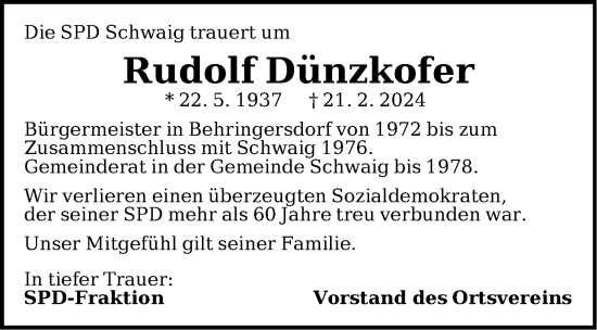Traueranzeige von Rudolf Dünzkofer von Pegnitz-Zeitung