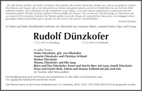 Traueranzeige von Rudolf Dünzkofer von Pegnitz-Zeitung