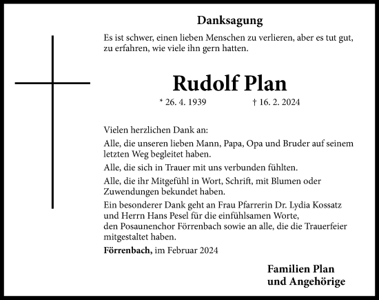 Traueranzeige von Rudolf Plan von Hersbrucker Zeitung Lokal