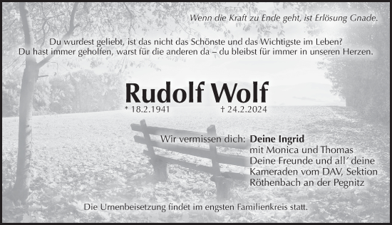 Traueranzeige von Rudolf Wolf von Pegnitz-Zeitung
