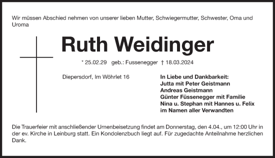 Traueranzeige von Ruth Weidinger von Pegnitz-Zeitung