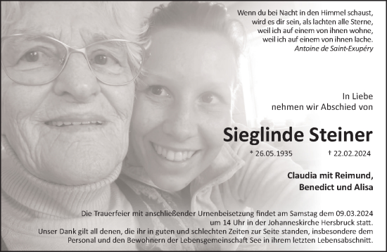 Traueranzeige von Sieglinde Steiner von Hersbrucker Zeitung Lokal