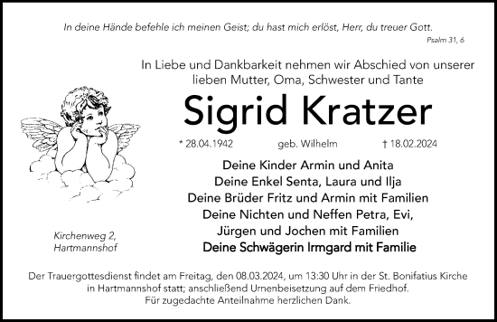 Traueranzeige von Sigrid Kratzer von Hersbrucker Zeitung Lokal