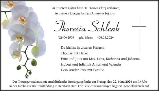Traueranzeige von Theresia Schlenk von Pegnitz-Zeitung