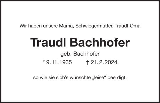 Traueranzeige von Traudl Bachhofer von Der Bote