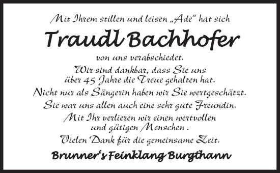 Traueranzeige von Traudl Bachhofer von Der Bote