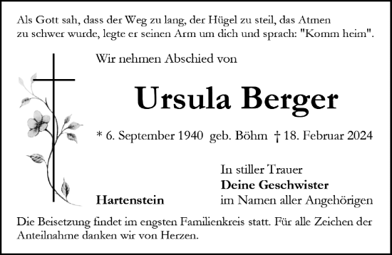 Traueranzeige von Ursula Berger von Hersbrucker Zeitung Lokal
