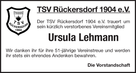 Traueranzeige von Ursula Lehmann von Pegnitz-Zeitung