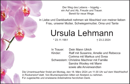 Traueranzeige von Ursula Lehmann von Pegnitz-Zeitung