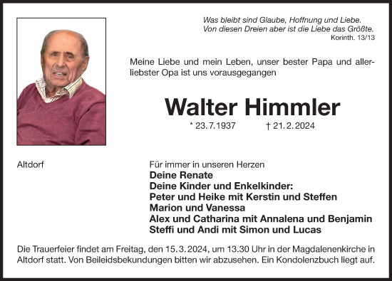Traueranzeige von Walter Himmler von Der Bote