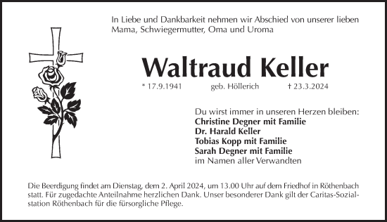 Traueranzeige von Waltraud Keller von Pegnitz-Zeitung