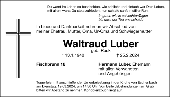 Traueranzeige von Waltraud Luber von Hersbrucker Zeitung Lokal
