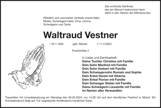 Traueranzeige von Waltraud Vestner von Der Bote