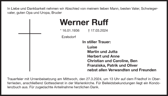 Traueranzeige von Werner Ruff von Der Bote