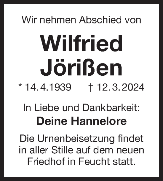 Traueranzeige von Wilfried Jörißen von Der Bote