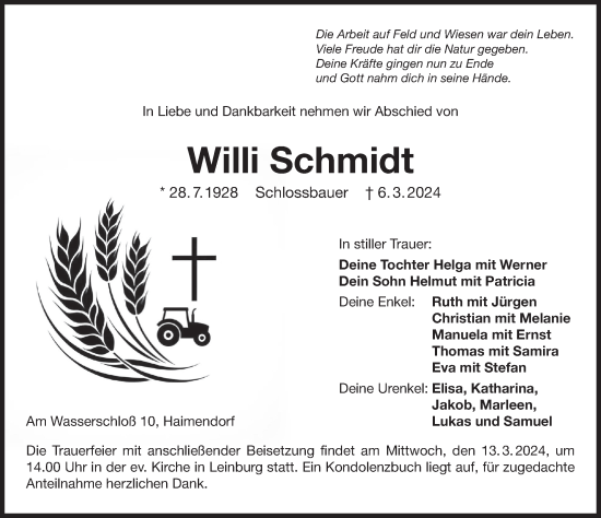 Traueranzeige von Willi Schmidt von Pegnitz-Zeitung