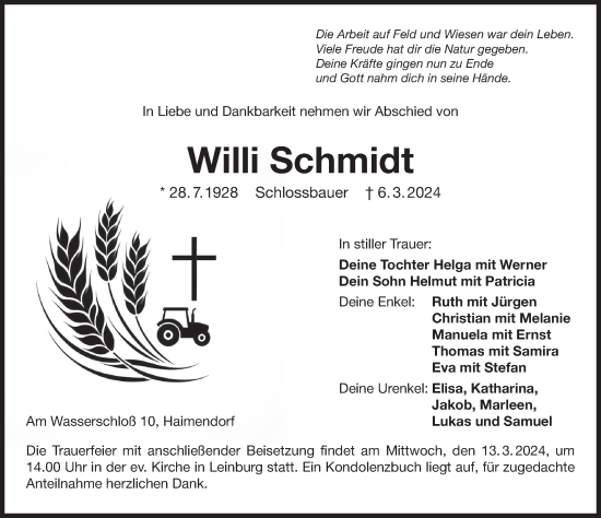 Traueranzeige von Willi Schmidt von Der Bote