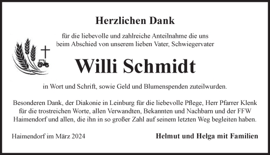 Traueranzeige von Willi Schmidt von Der Bote