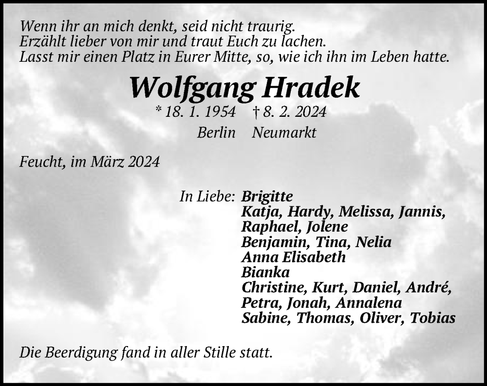  Traueranzeige für Wolfgang Hradek vom 02.03.2024 aus Der Bote