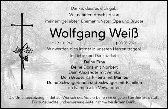 Traueranzeige von Wolfgang Weiß von Hersbrucker Zeitung Lokal