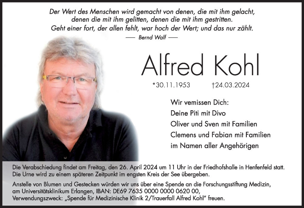  Traueranzeige für Alfred Kohl vom 20.04.2024 aus Hersbrucker Zeitung Lokal