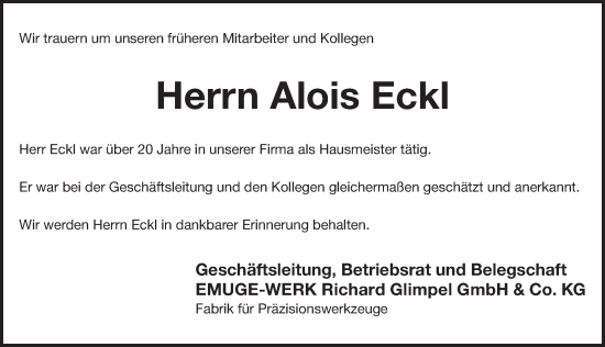 Traueranzeige von Alois Eckl von Pegnitz-Zeitung