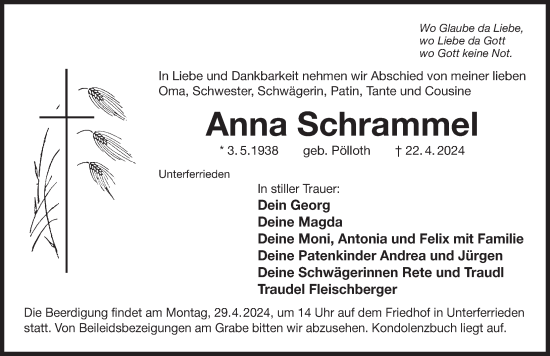 Traueranzeige von Anna Schrammel von Der Bote