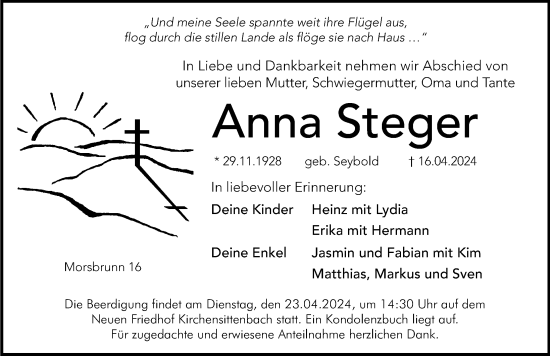 Traueranzeige von Anna Steger von Hersbrucker Zeitung Lokal