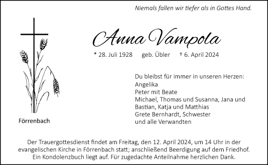 Traueranzeige von Anna Vampola von Hersbrucker Zeitung Lokal