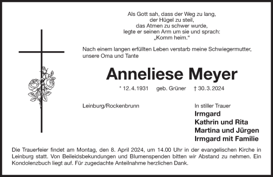 Traueranzeige von Anneliese Meyer von Der Bote